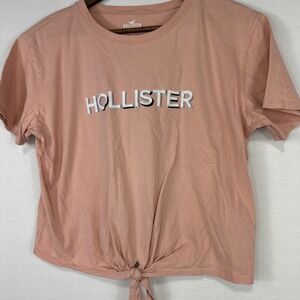 HOLLISTER Medium Women Pink  CROP TOP Tee T-Shirt Embroidered Tie‎ Front Casual